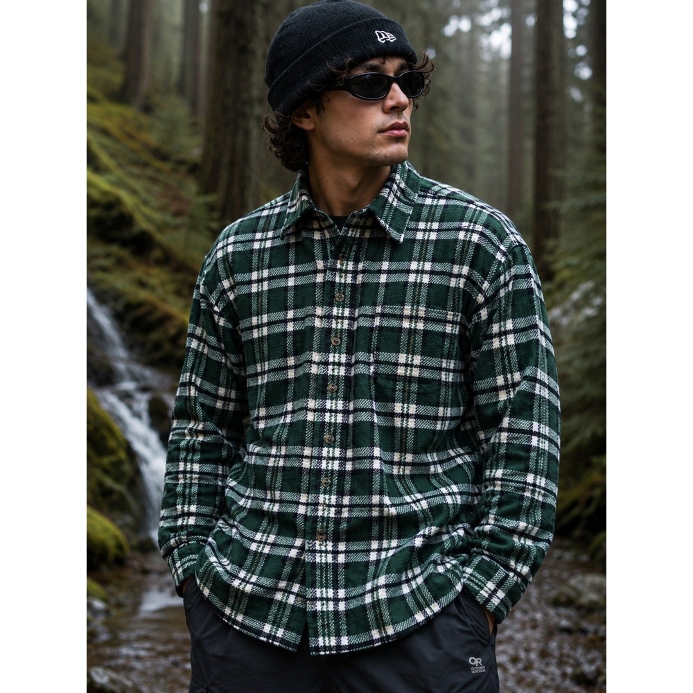 Green Plaid Flannel Shirt Jacket Heavy men's L Gorpcore granola chore jacket Y2K